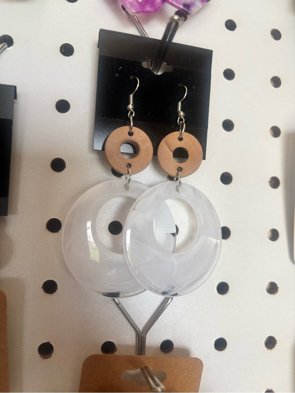 Clear Resin and Wood Circle Drop Earrings - Unbranded